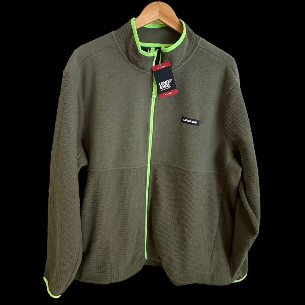 NWT Lands End Mens XL 46-48 Full Zip Up Fleece Jacket Olive Green Activewear New